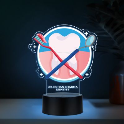 Personalized Dentist LED Night Lamp with Tooth and Dental Tools Design, Color Changing Acrylic Light with Black Base Gift for Dentist Nightlight for Dental Clinic